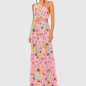 Pink Multicolor One Shoulder Floral Sequin Lace Up Gown Mac Duggal #68515
